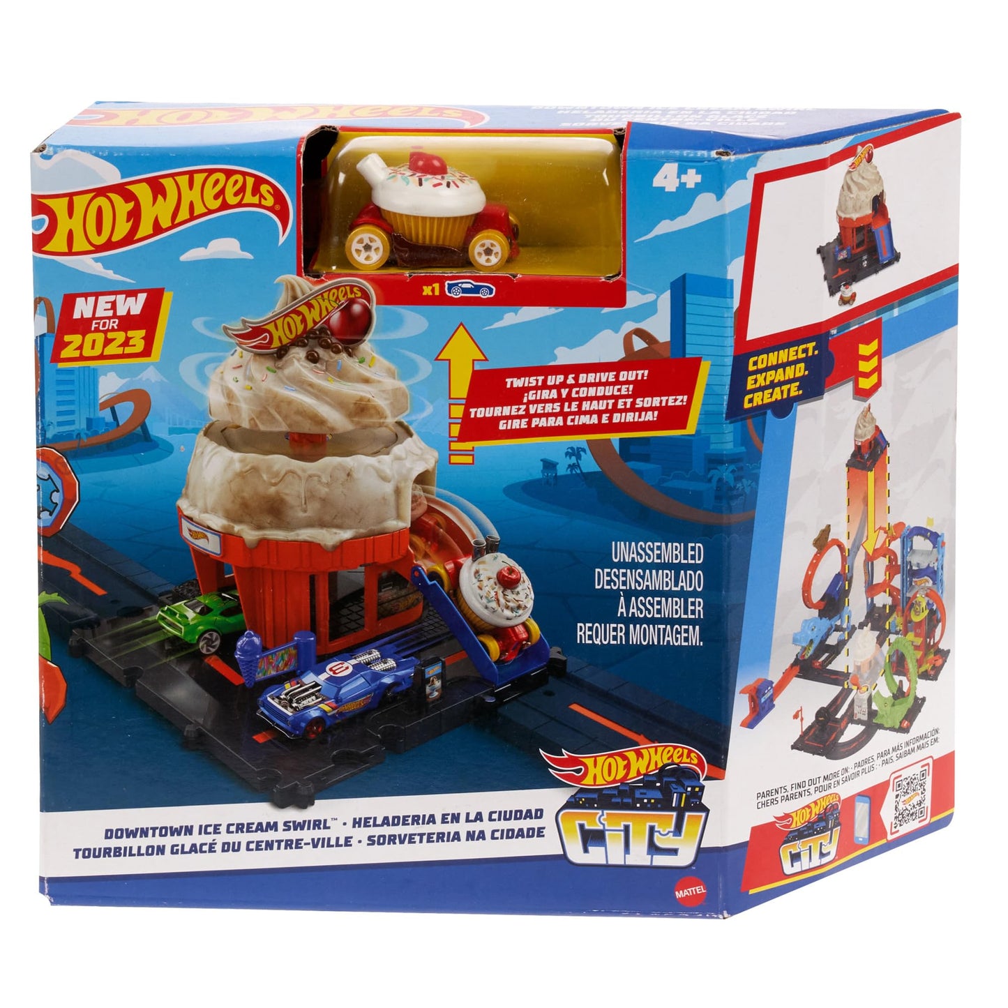 HOT Wheels City Downtown Spielset Eiskrem-Strudel - Rennbahn-Action mit manuellem Aufzug, Eiskrem-Wirbel und herunterklappbarer Rampe, inklusive 1 Hot