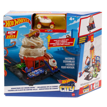 HOT Wheels City Downtown Spielset Eiskrem-Strudel - Rennbahn-Action mit manuellem Aufzug, Eiskrem-Wirbel und herunterklappbarer Rampe, inklusive 1 Hot