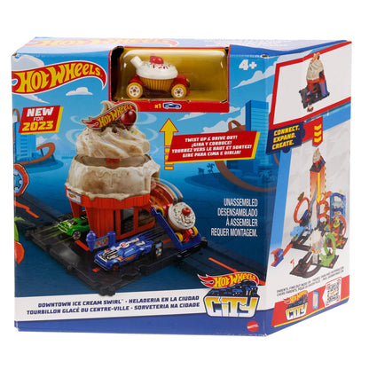 HOT Wheels City Downtown Spielset Eiskrem-Strudel - Rennbahn-Action mit manuellem Aufzug, Eiskrem-Wirbel und herunterklappbarer Rampe, inklusive 1 Hot