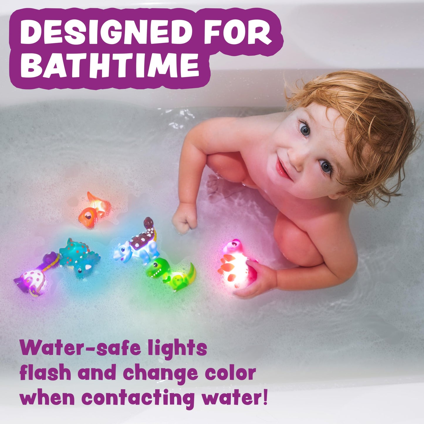 Tub Works® Dinos™ Dinosaur Light Up Bath Toys, 6 Pack | Water-Activated Light Up Toys Flash & Change Color | Easy-Grip Baby & Toddler Bath Toys |
