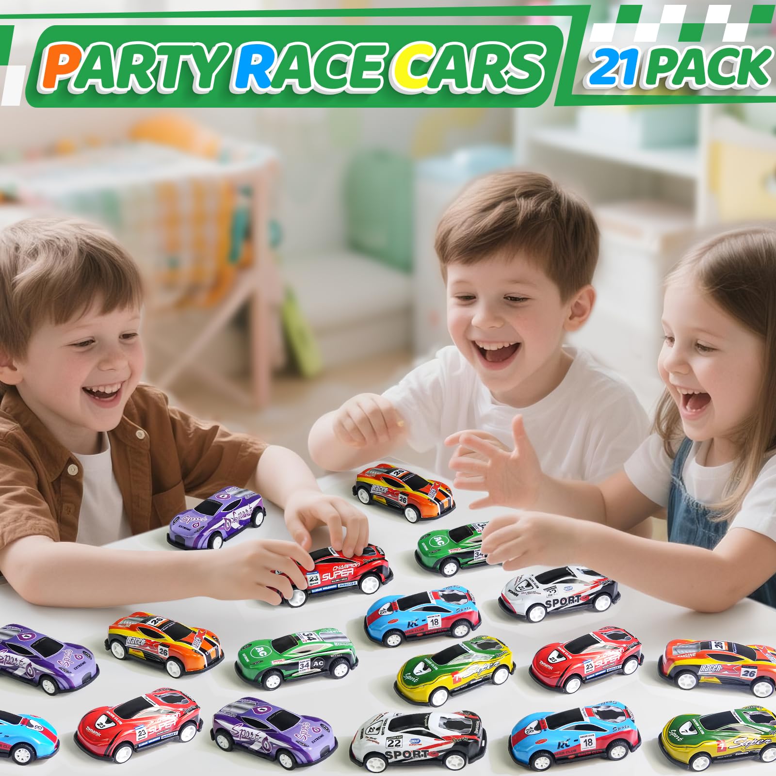 21 Pack Pull Back Toy Cars, Party Favors, Goodie Bag Stuffers, Race Vehicles Bulk, Pinata Fillers, Teacher Treasure Prize Box Toys for Boys Girls