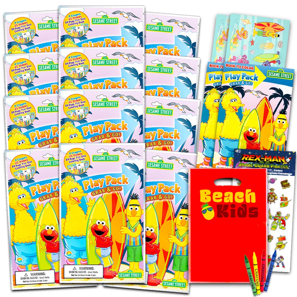 Sesame Street Ultimate Party Favors for Toddlers Kids Bundle - 12 Sets with Stickers, Coloring Books, Crayons, Loot Bags, and Bonus Stickers (Party