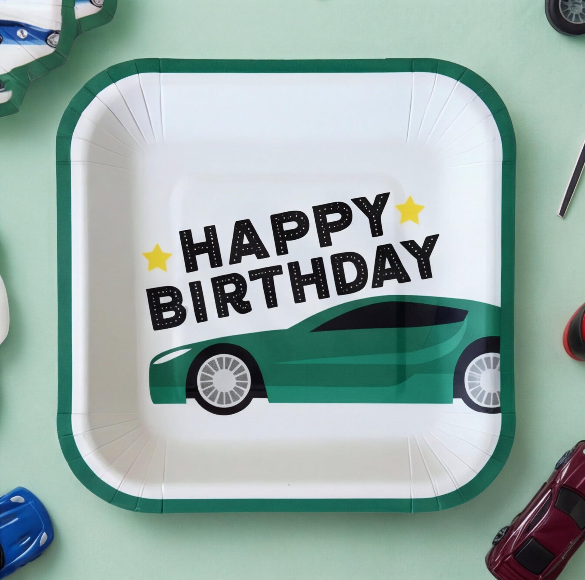 Modern Whimsy Race Car Birthday Party Decorations - 64 Pc Car Tableware Serves 16 - Square Plates, Die-Cut Car Napkins & Forks - Green Boys Car Themed