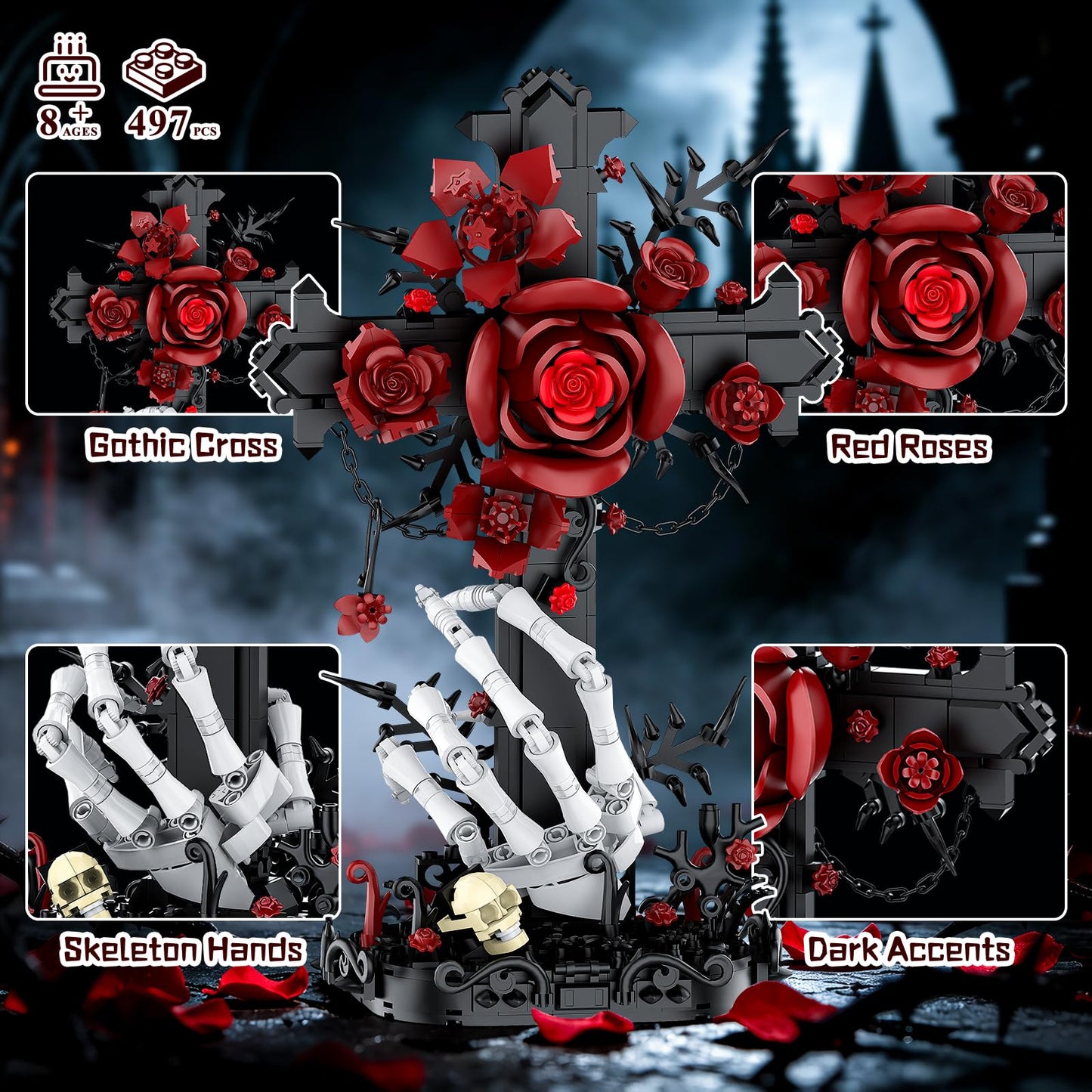 Tenhorses Gothic Rose Cross Building Set for Adults, Skull Hand Flower Crucifix Model Toys, Skeleton Horror Home Decor, Ideal Halloween Christmas