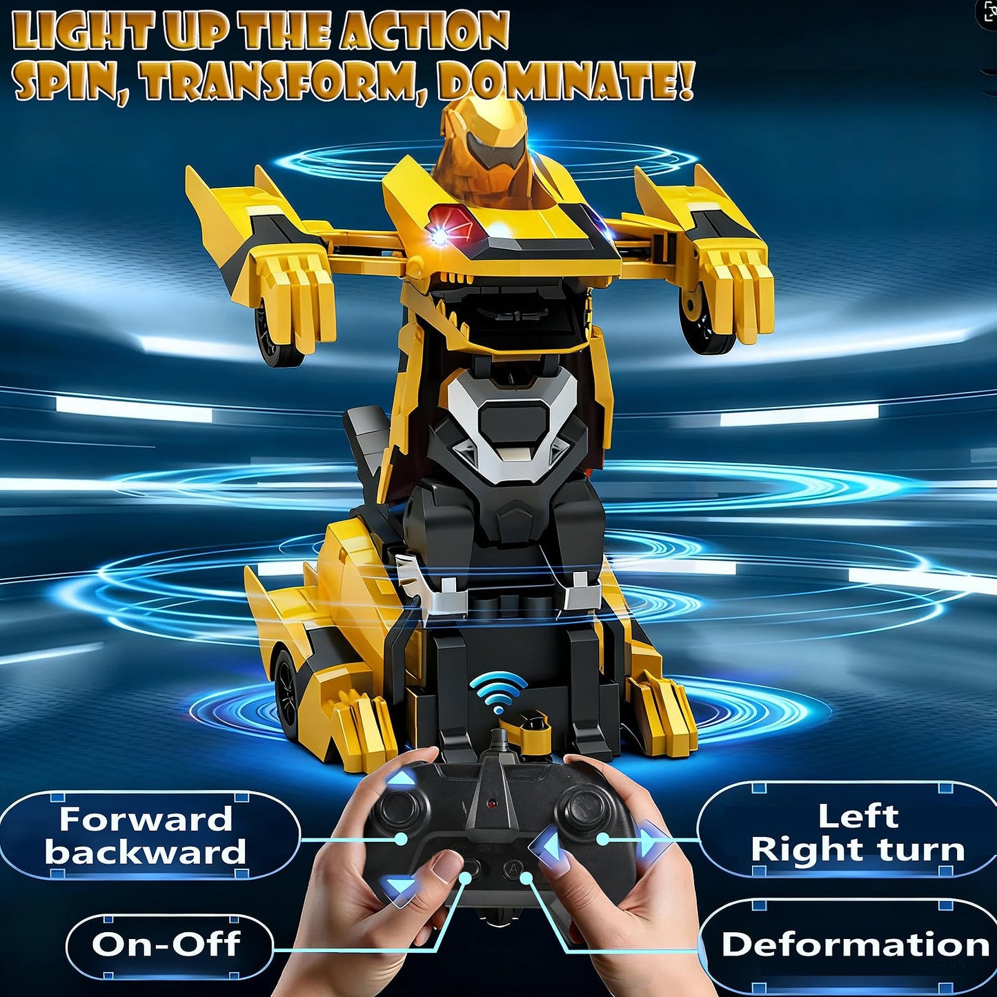 Ufilni Kids Toys Dinosaur Transform Rc Cars, 2.4Ghz Remote Control Car Transforming Robot with Flashing Light, 360° Rotation One Button Deformation