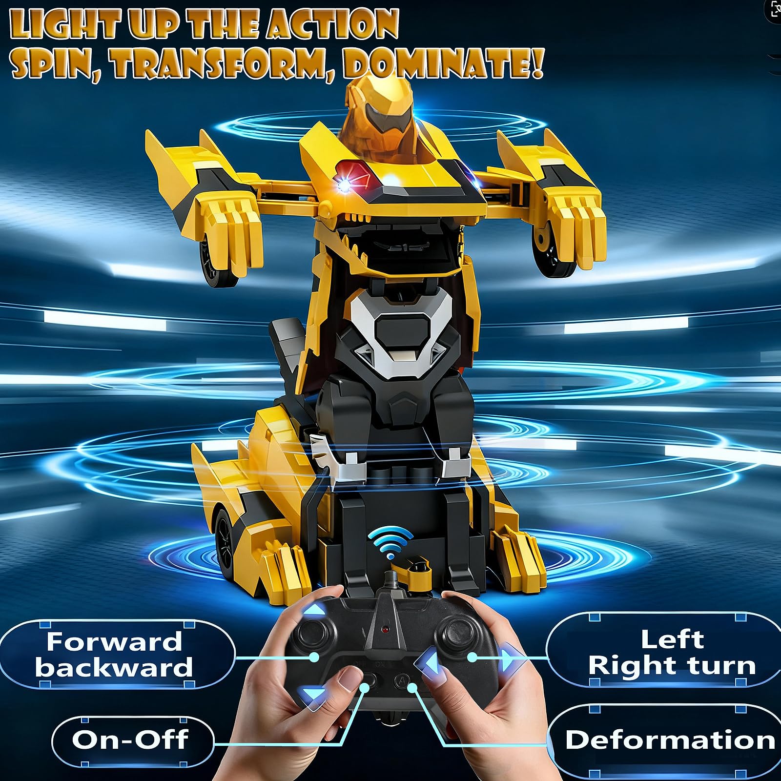 Ufilni Kids Toys Dinosaur Transform Rc Cars, 2.4Ghz Remote Control Car Transforming Robot with Flashing Light, 360° Rotation One Button Deformation