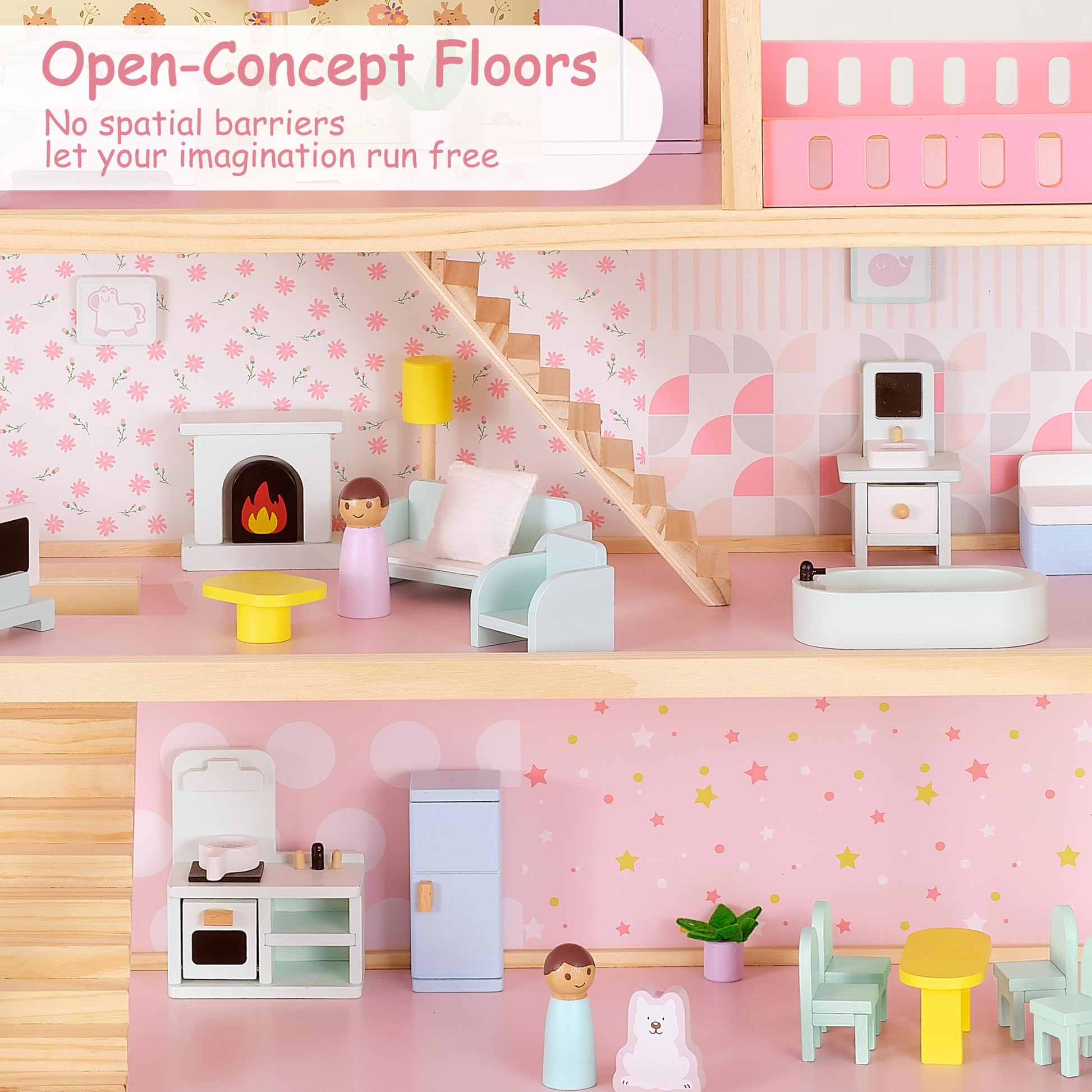 Pillowhale Wooden Dollhouse for Girls 3-Story Open Layout Playhouse with Furniture Accessories Pretend Play Role-Playing Toy Birthday Gift for Kids