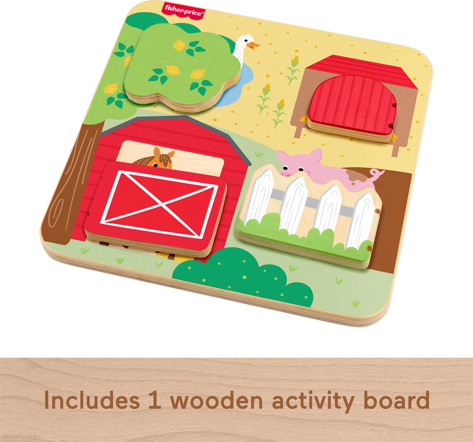 Fisher-Price Wood Baby Toy Farm Animals Board, Wooden Busy Activity for Fine Motor Skills Play Infants & Toddlers Ages 1+ Years