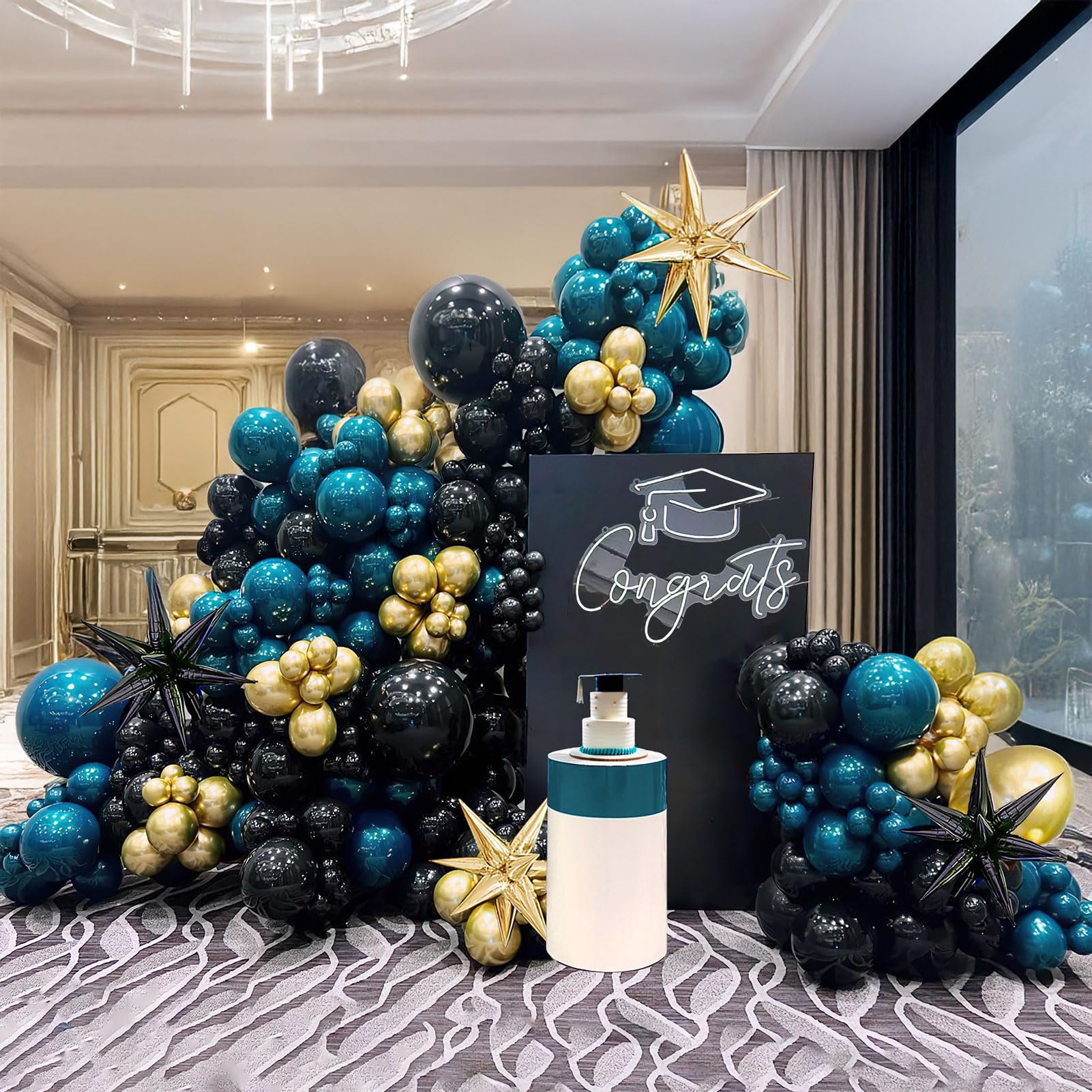 Chrome dark Teal and gold black Balloon Garland Kit 170Pcs Double-Stuffed Navy Teal Blue With Starburst Balloons for Birthday Luxury shop happy grad