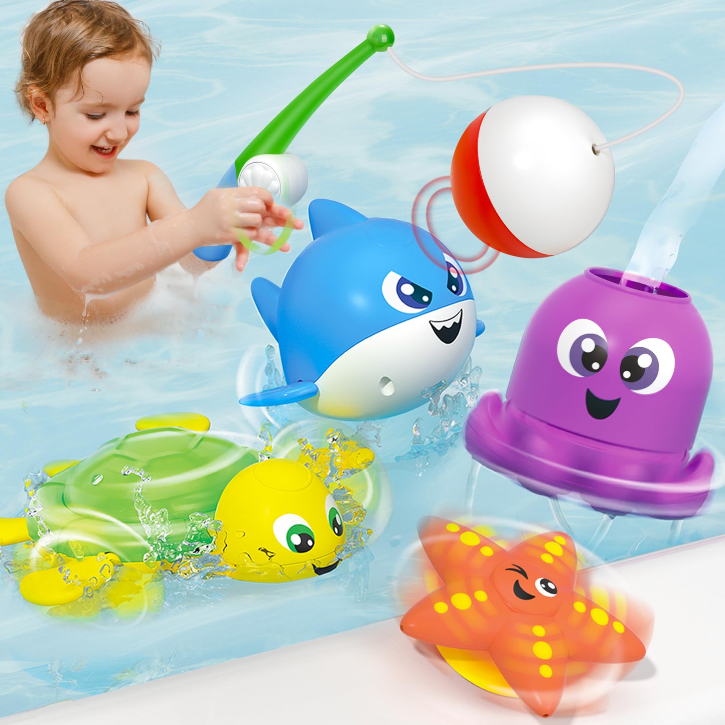 JOYIN Bath Fishing Toy Set for Toddlers - Magnetic Toy with Fishing Rod, Spinning Octopus and Starfish, Wind-up Shark and Turtle - Sensory Development
