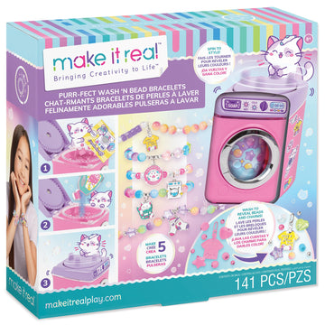 Make It Real: Purr-FECT Wash 'N Bead Bracelets - 141pc, DIY Jewelry Craft Kit, Design-Make 5 Charm Bracelets, Spin to Style, Bead Cleaning, Kids 8+
