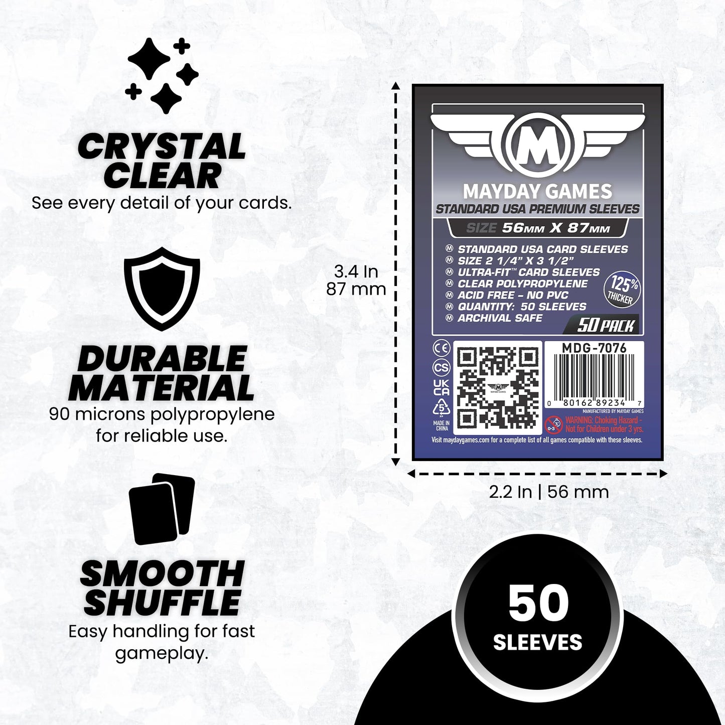Mayday Games Premium Card Sleeves USA Standard 56x87mm - Clear Board Game and K-Pop Photocard Sleeves, 90 Micron Protector, 50 Pack - MDG-7076