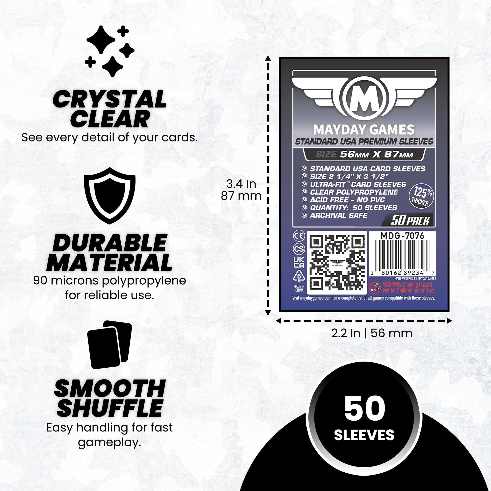 Mayday Games Premium Card Sleeves USA Standard 56x87mm - Clear Board Game and K-Pop Photocard Sleeves, 90 Micron Protector, 50 Pack - MDG-7076