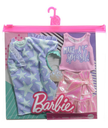 Barbie Fashions 2-Pack Clothing Set, 2 Outfits Doll Include Star-Print Dress, Pink Iridescent Skirt, Graphic Tank & 2 Accessories, Gift for Kids 3
