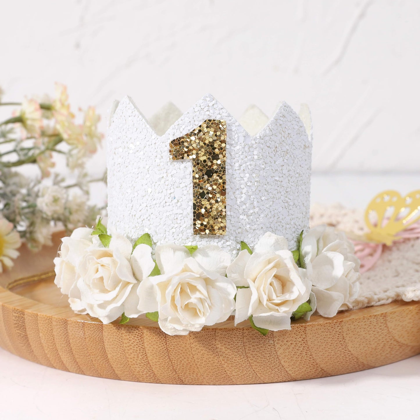 ZZDCMS White Floral 1st Birthday Crown - Baby Girls 1st Year Birthday Party Decorations,White, Glitter,Baby Shower Baptism Party Supply Hat Outfit