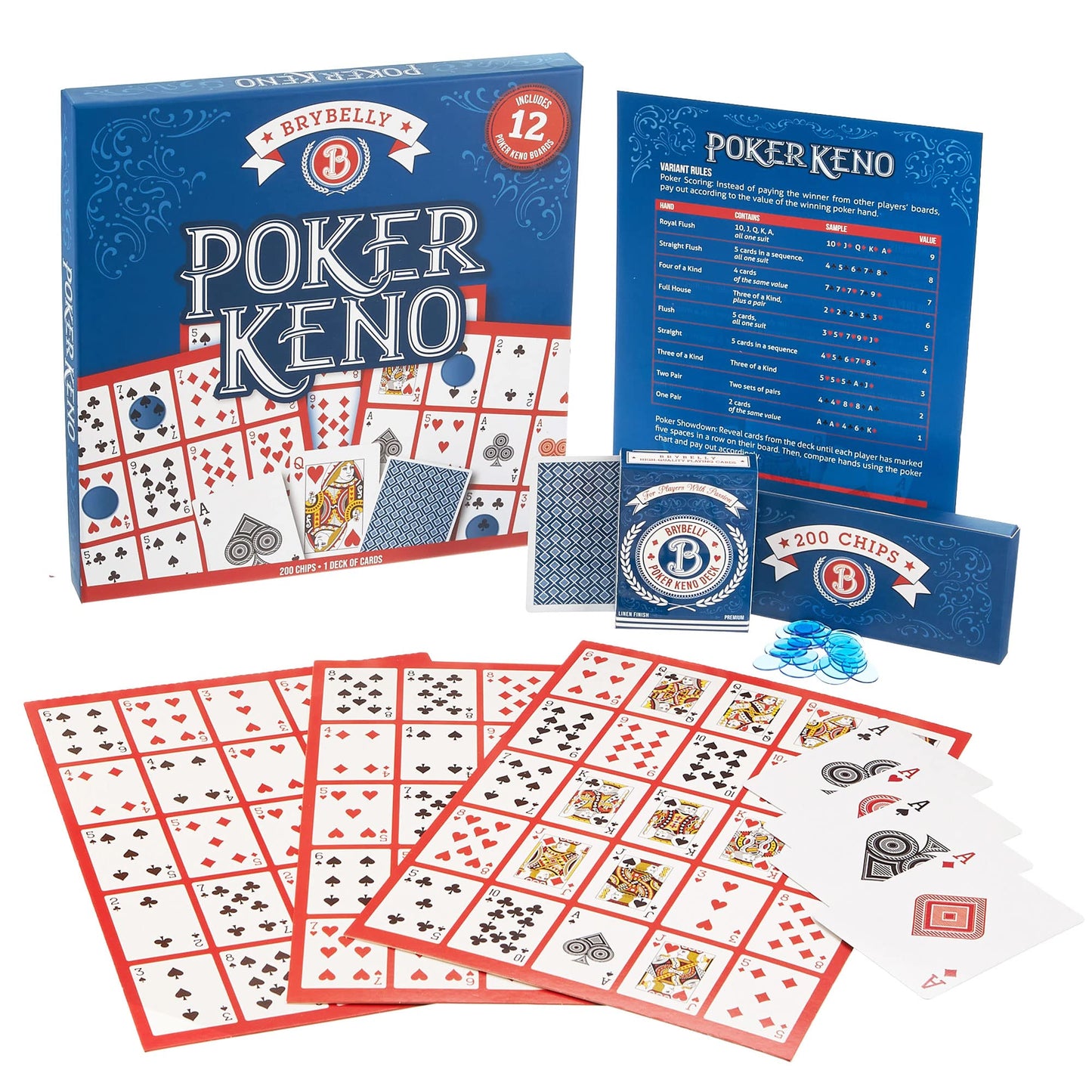 Brybelly Poker Keno Game Set with Cards and Chips - Adult Family Casino Board Game Night Gift Includes Deck of Playing Cards, 12 Boards, 200 Bingo