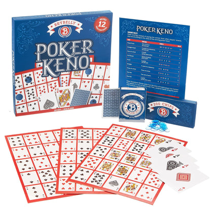 Brybelly Poker Keno Game Set with Cards and Chips - Adult Family Casino Board Game Night Gift Includes Deck of Playing Cards, 12 Boards, 200 Bingo
