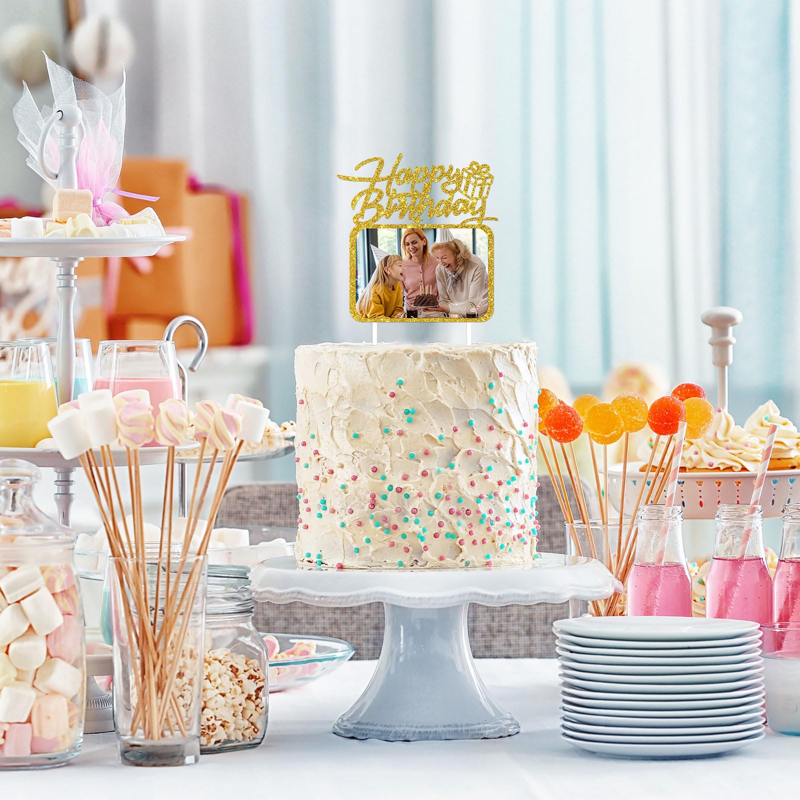Happy Birthday Cake Topper with Photo Frame, Girl Boy Woman Man Birthday Photo Picture Cake Topper, Anniversary Party Cake Decorations Gold Glitter