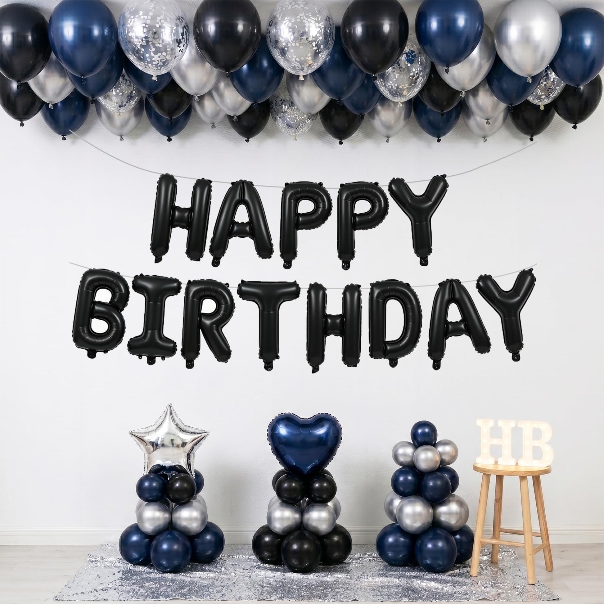 TONIFUL Black Happy Birthday Balloons Banner Decoration 16 Inch Mylar Foil Letters Birthday Sign Banner Bunting Reusable for 30th 40th 50th 60th Men