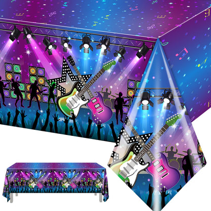 Gupesxu 3-Piece Music Guitar Tablecloth, 80s 90s Birthday Party Decorations, Rectangle Table Cloths, Rainbow Neon Glow Table Cover for Baby Shower