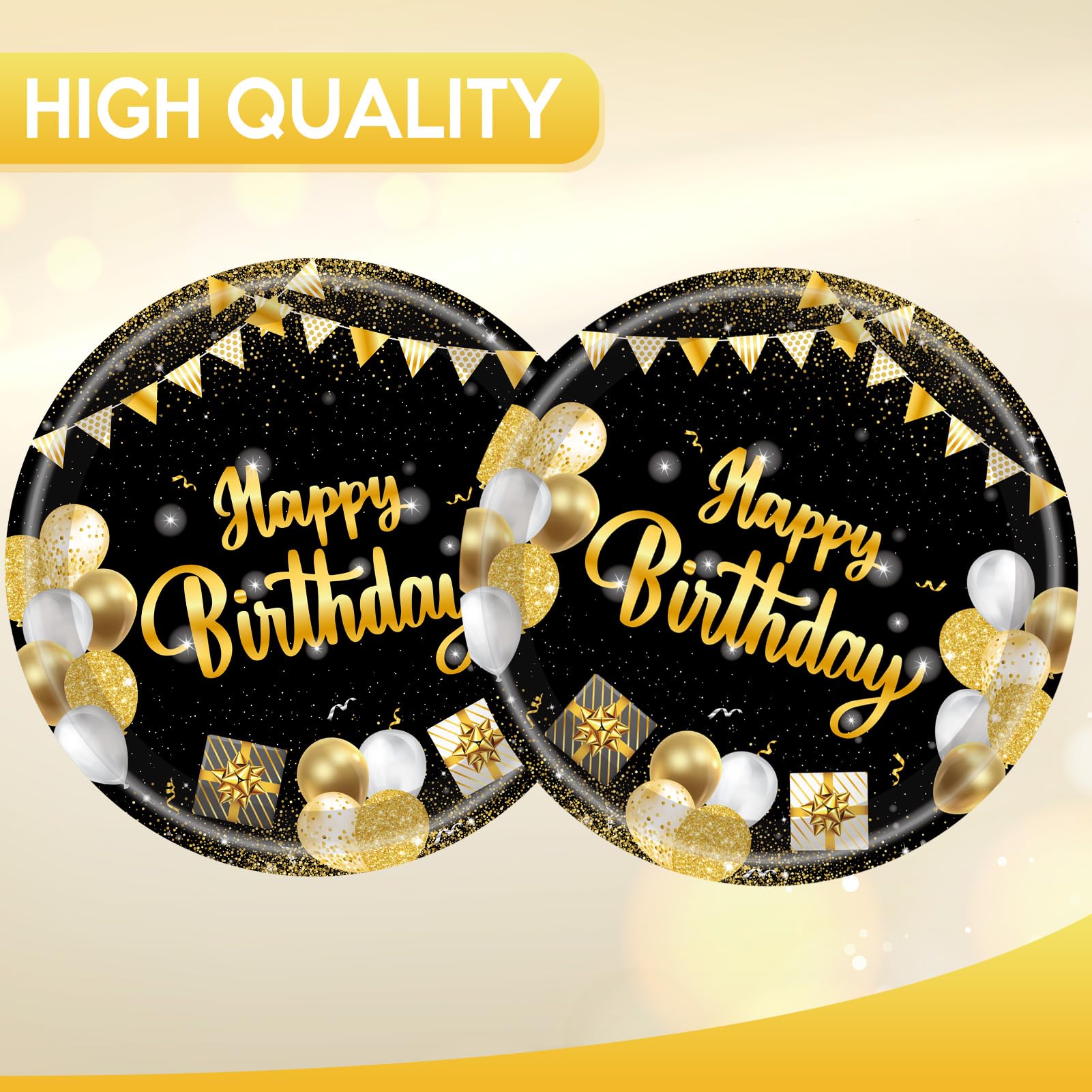 Cekivina 20Pcs Birthday Plates 9 Inch Large Paper Plates Black and Gold Party Tableware Dinner Plate Set, for Boys Girls Women Men Happy Birthday