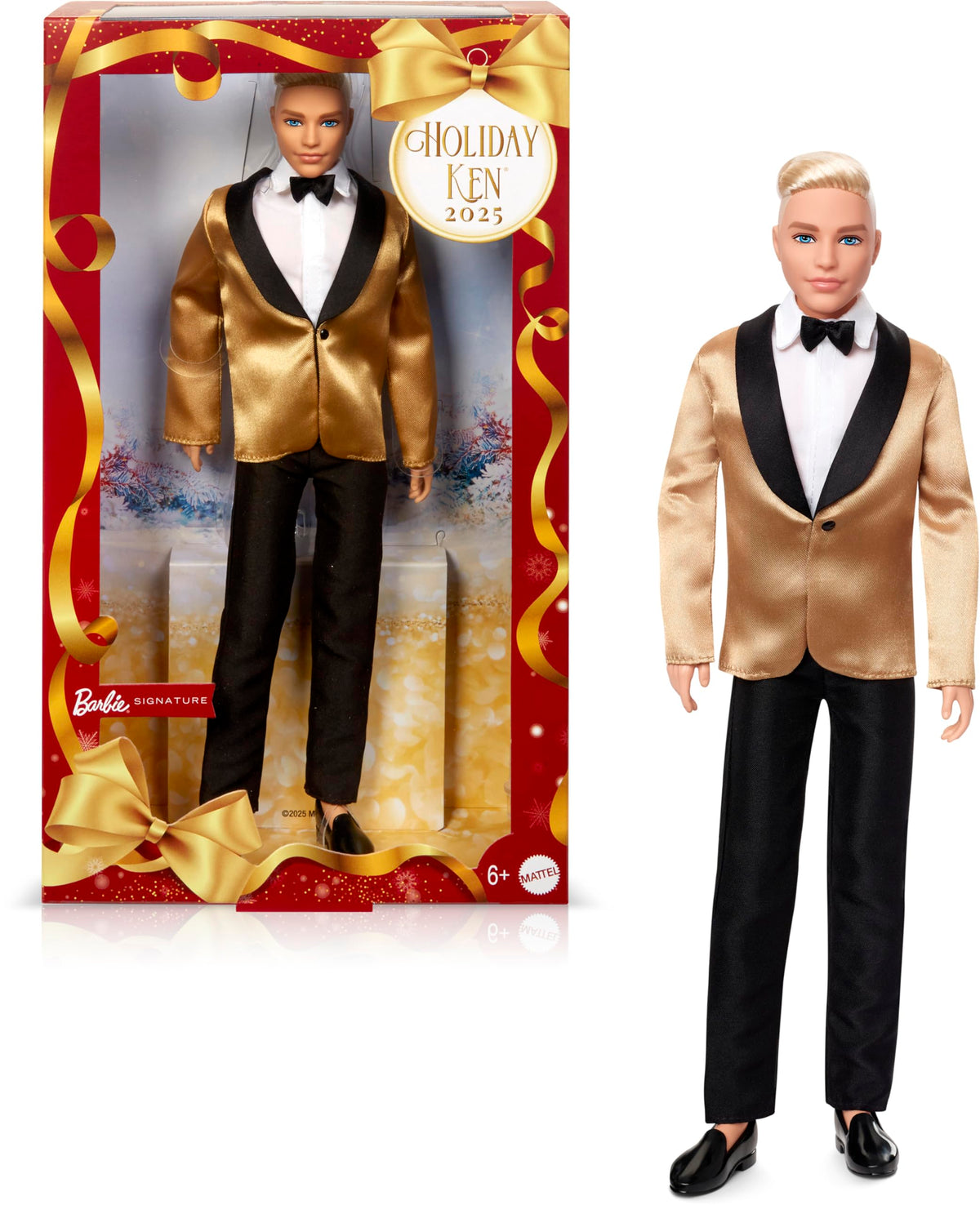 Barbie Signature 2025 Holiday Blonde Ken Collectible Fashion Doll Wearing Full Suit with Golden Jacket in Displayable Packaging & Doll Stand