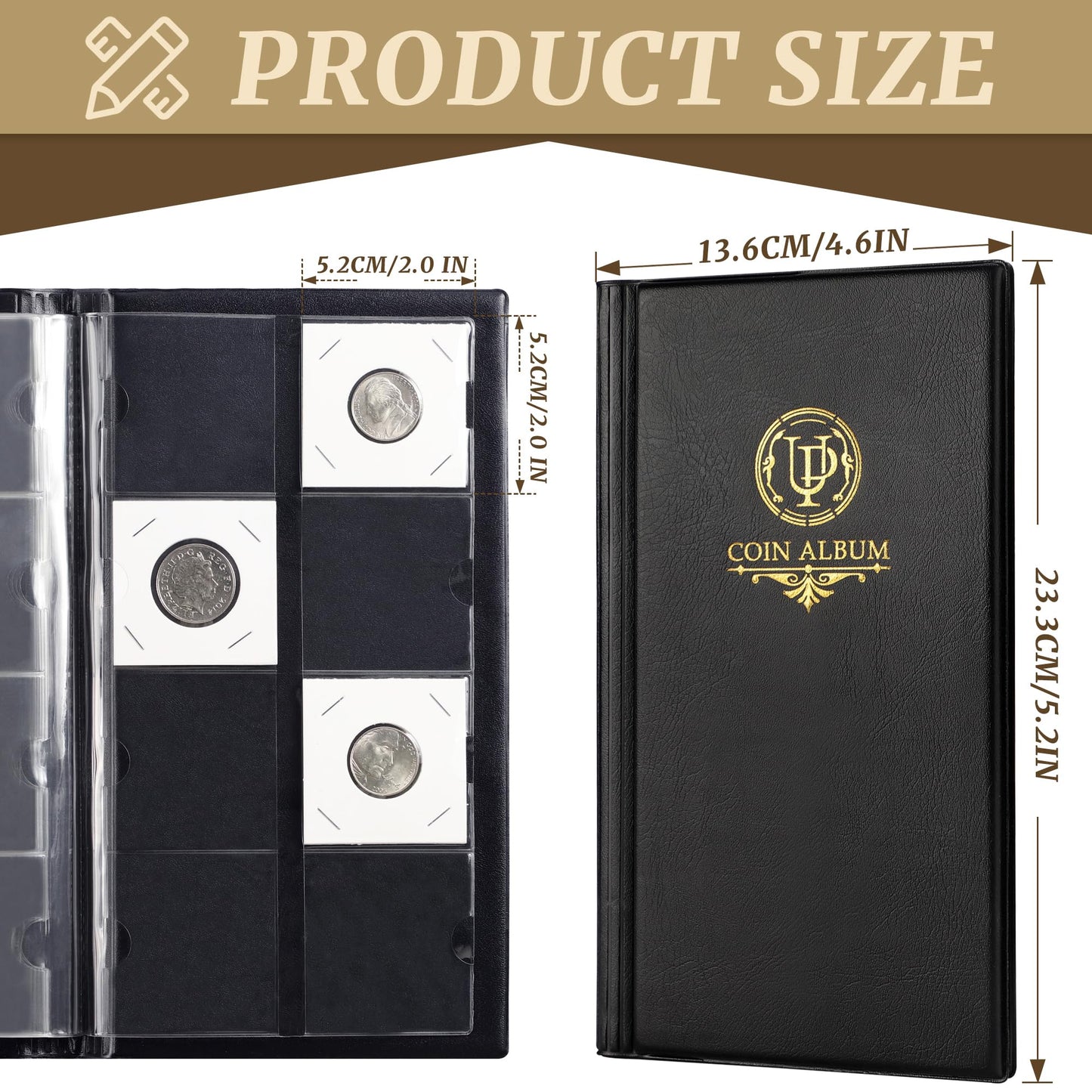 80 Pockets Collecting Album for 2x2 inches Coin Flip - Classic Large Capacity Collection Book Coin Holder for Stamps Medals Badges Black CS4308BK