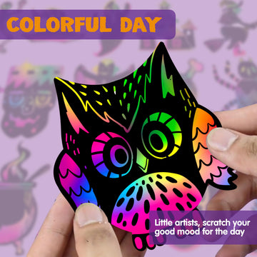 JOYIN 120 Pcs Halloween Rainbow Scratch Art Crafts for Kid, Halloween Party Favors, Scratch Off Paper with 18 Designs for Party Supplies, Classroom