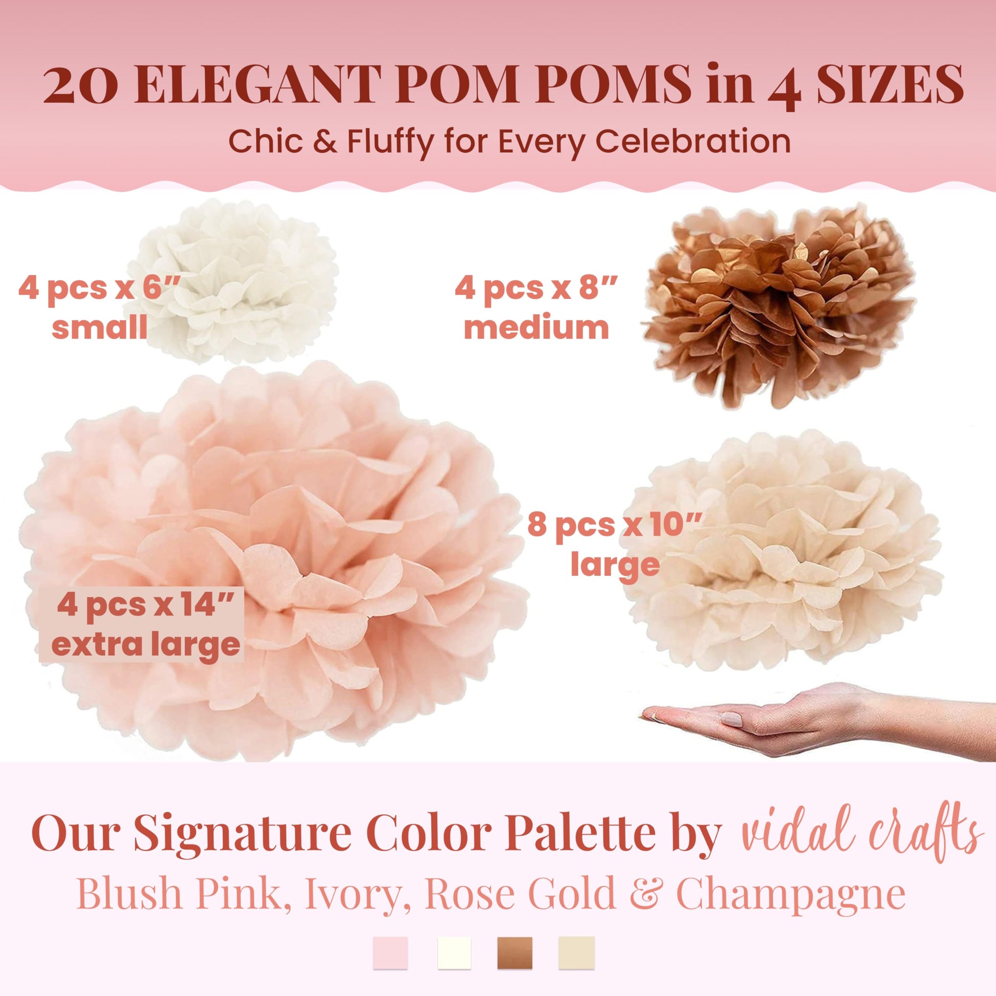Vidal Crafts 20-Piece Boho Tissue Paper Pom Poms - Hanging Tissue Paper Flowers for Bridal Shower Decorations, Baby Shower Decorations for Girl