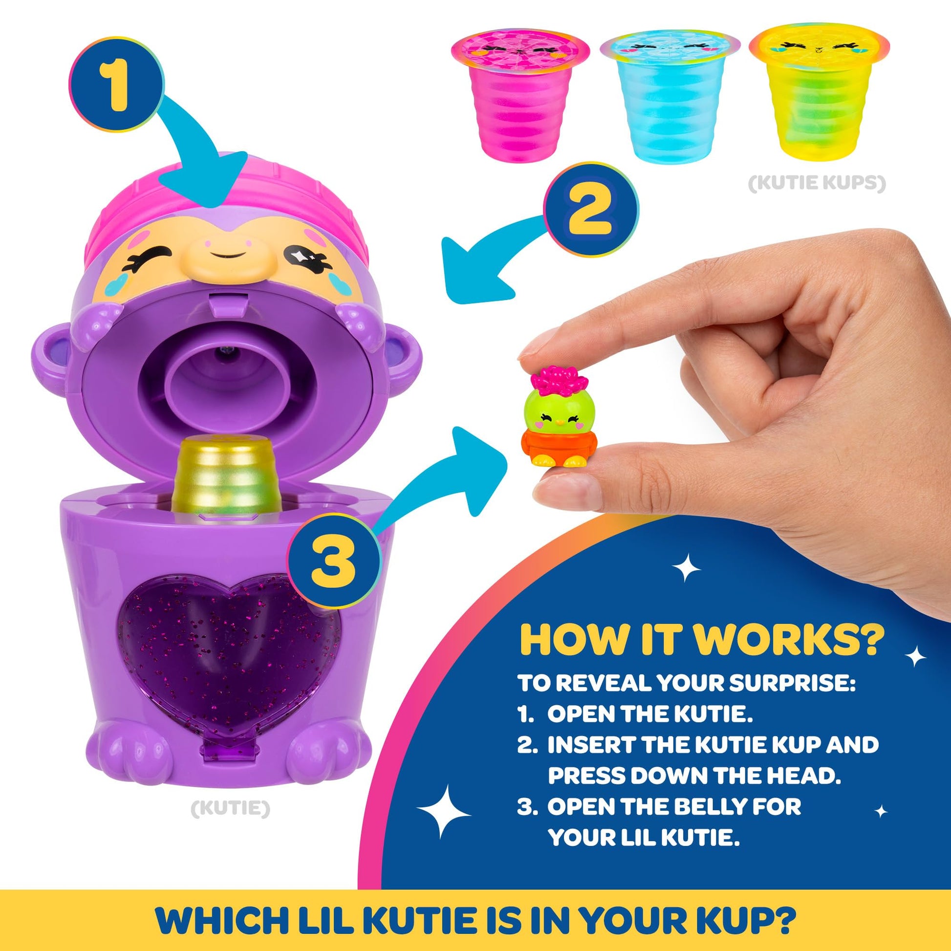 Kutie Kups - 4” Purple Water Bottle Monkey Kutie with 3 Kups Featuring 1.5” Surprise Collectible Lil Kutie Figures - Ages 5+