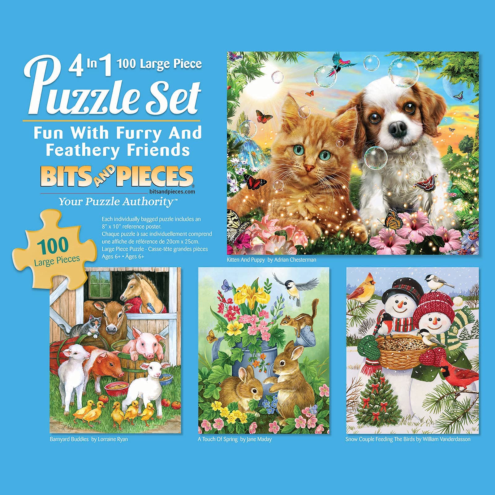 Bits and Pieces - 4-in-1 Multi-Pack - 100 Piece Jigsaw Puzzles for Adults - 100 pc Puzzle Set Bundle by Artist William Vanderdasson - 16" x 20"
