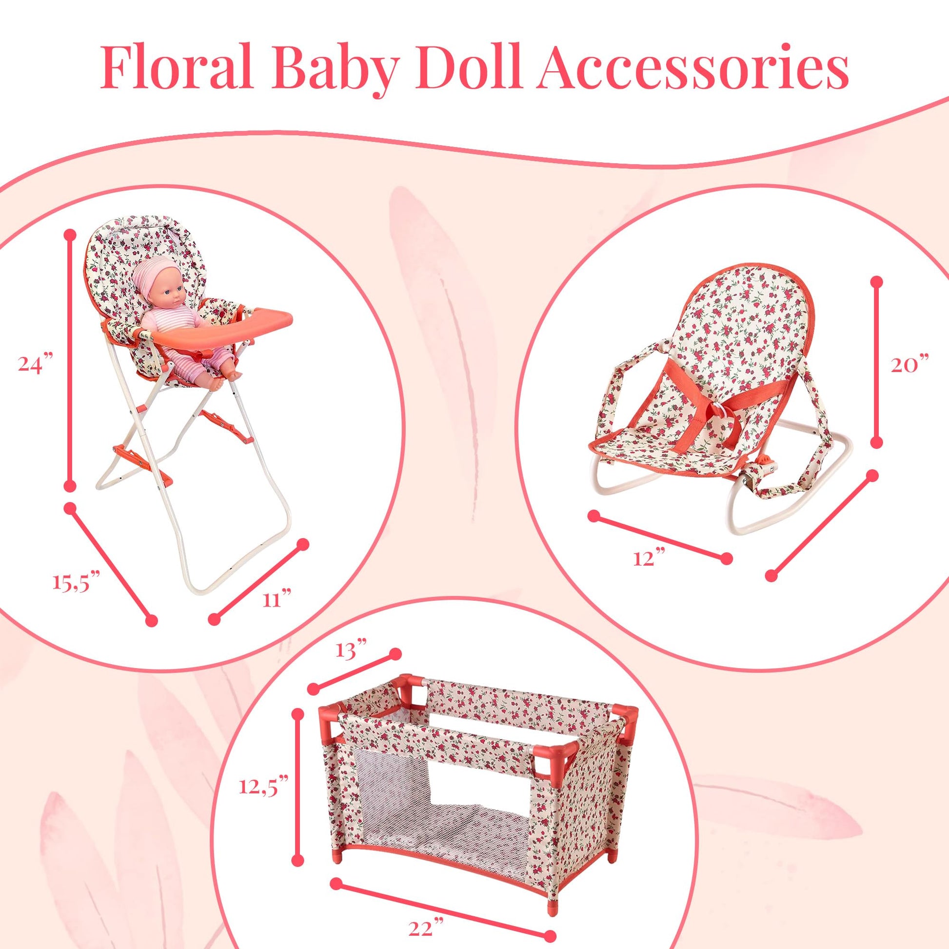 Floral Baby Doll Accessories Set, 3-1 Baby Doll Crib, Baby Doll High Chair & Bouncer Seat. 18 inch Doll Accessories with Doll Bed. 18" Dolls Furniture