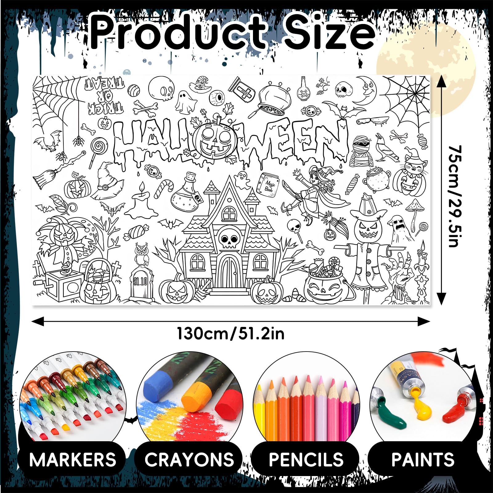 Halloween Coloring Poster Tablecloth - 51 x 30 Inch Giant DIY Paper Banner with Trick-or-Treat, Pumpkin, and Witch Designs - Fun Color-In Activity