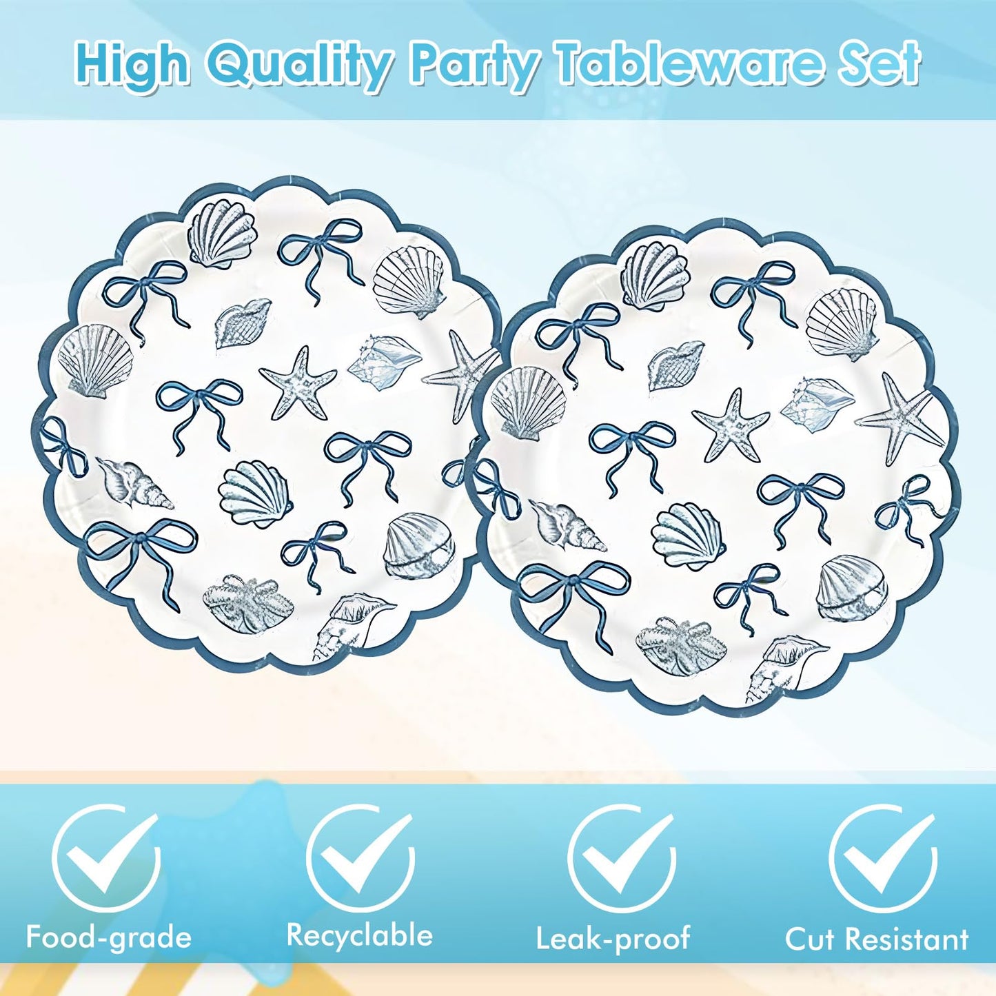 40Pcs Scalloped Coastal Party Supplies Include Summer Starfish Seashell Plates&Paper Napkins Disposable Blue Bow Ocean Theme Tableware Set