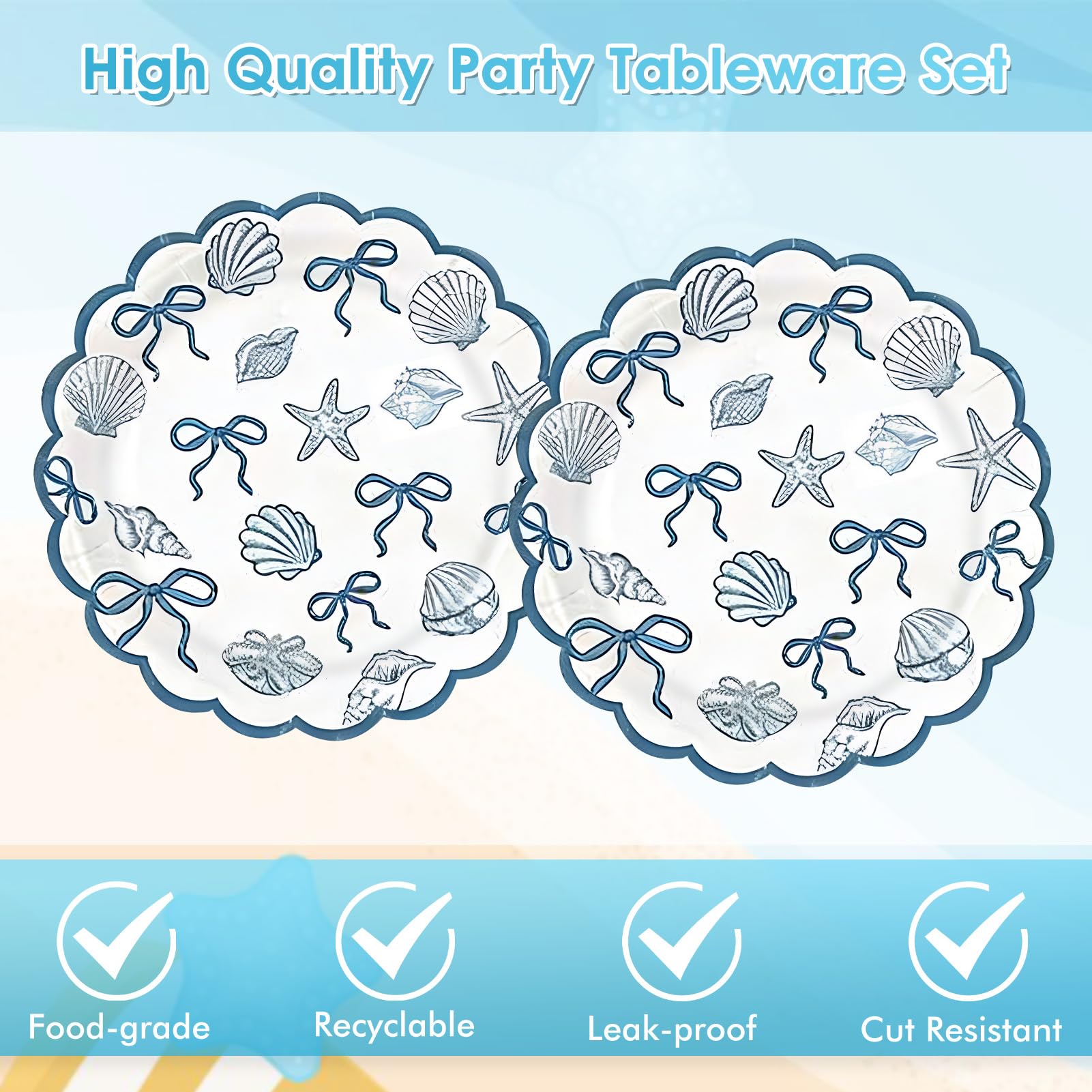 40Pcs Scalloped Coastal Party Supplies Include Summer Starfish Seashell Plates&Paper Napkins Disposable Blue Bow Ocean Theme Tableware Set