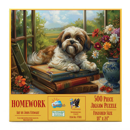 SunsOut Homework Shih Tsu Dog 500 piece Jigsaw Puzzle for Adults - Animals, John Stewart - 18" x 24" MPN# 77101