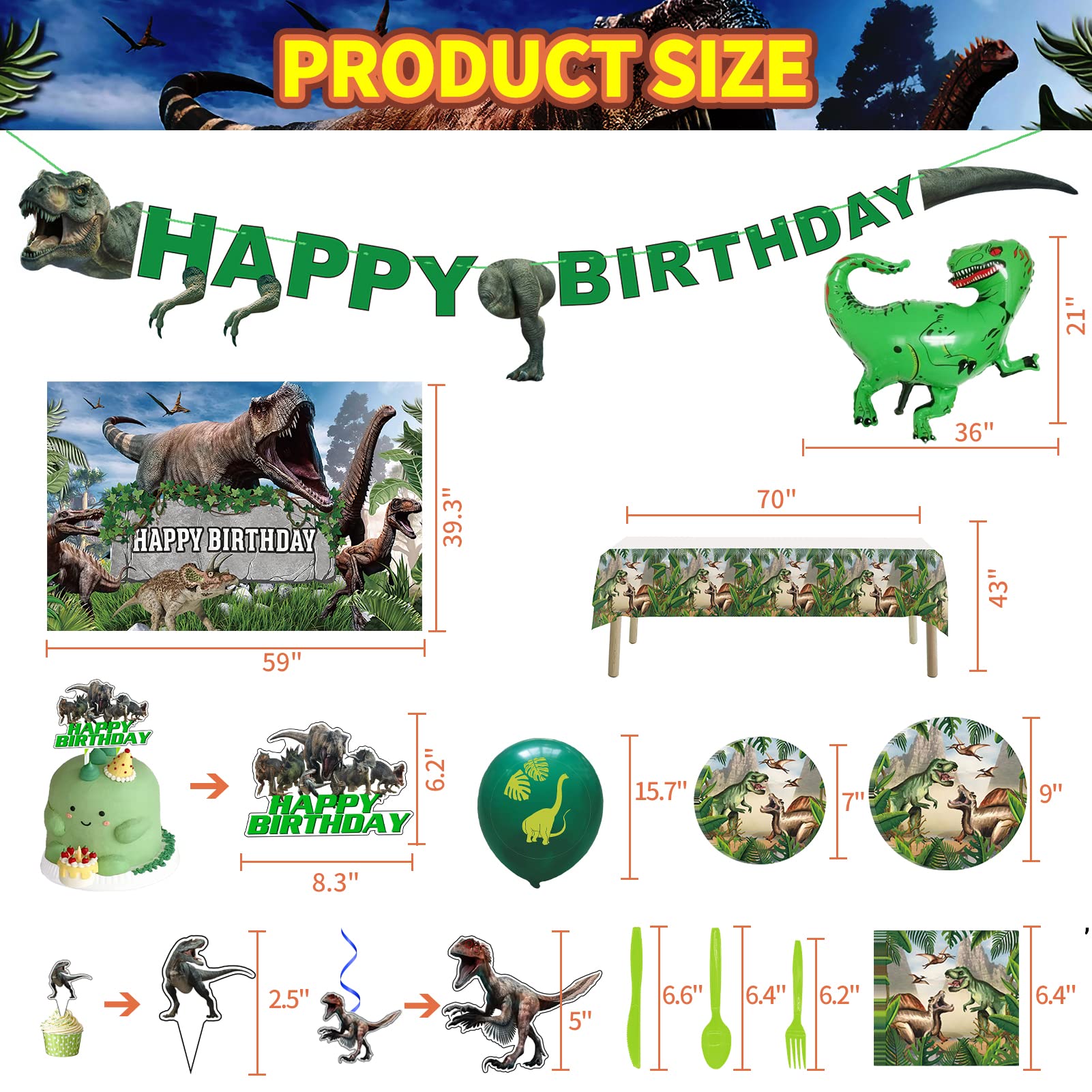 Dinosaur Themed Birthday Party Decoration Kit - Includes Backdrop, Tablecloth, Birthday Banner, Cake/Cupcake Toppers, Hanging Swirls, Disposable