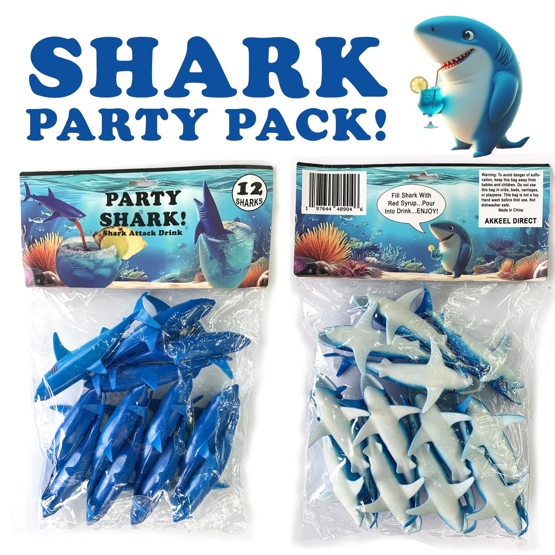 Akkeel Direct 12pcs Plastic Sharks for Drinks - Great Decor for Party Shark Theme Party, Vinyl Sharks for Lemonade & More (12)