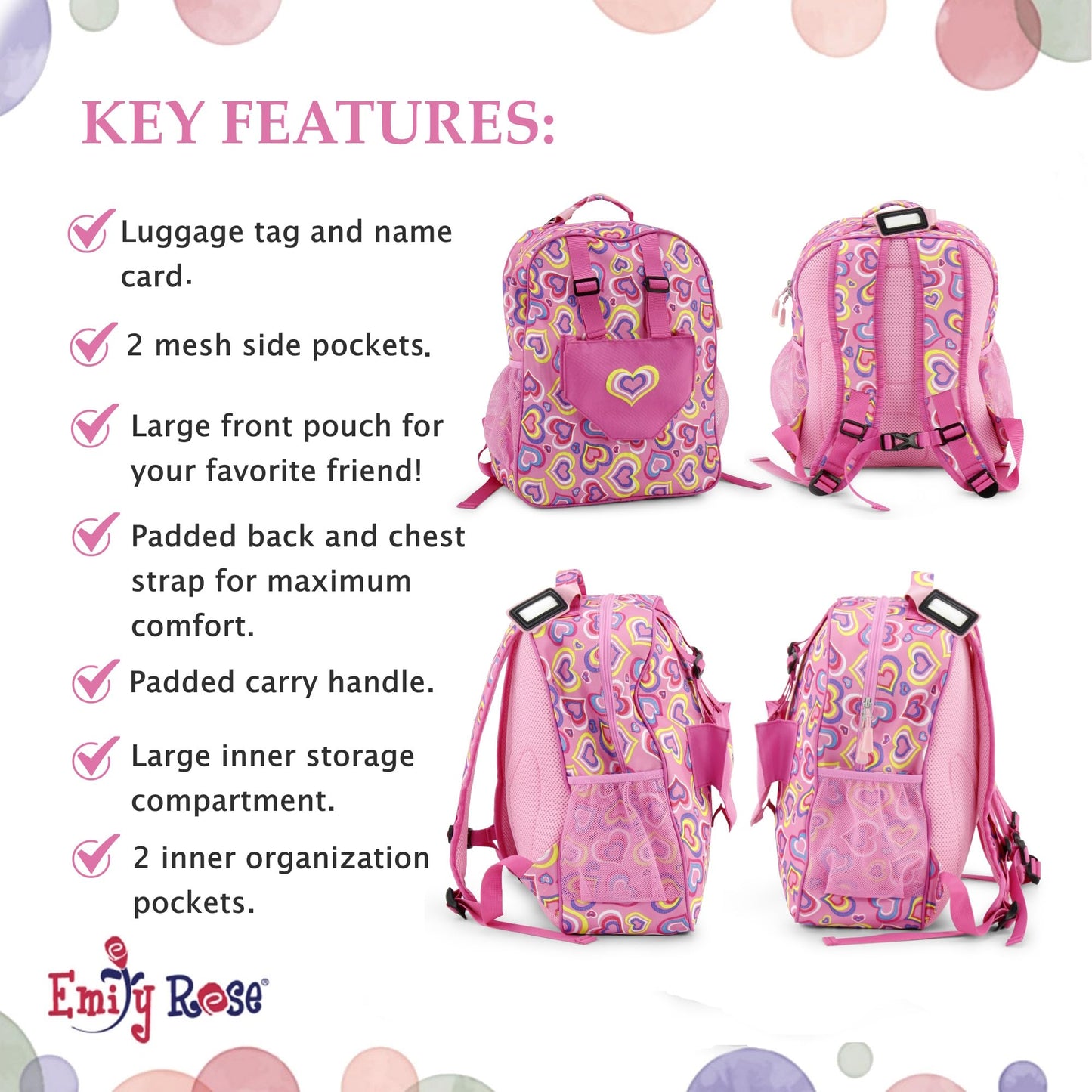Emily Rose Kids Daypack Overnight Backpack 18-inch Doll Travel Carrier Includes Carry Pouch for Baby Dolls/Stuffed Animals | Little Girls Back Pack