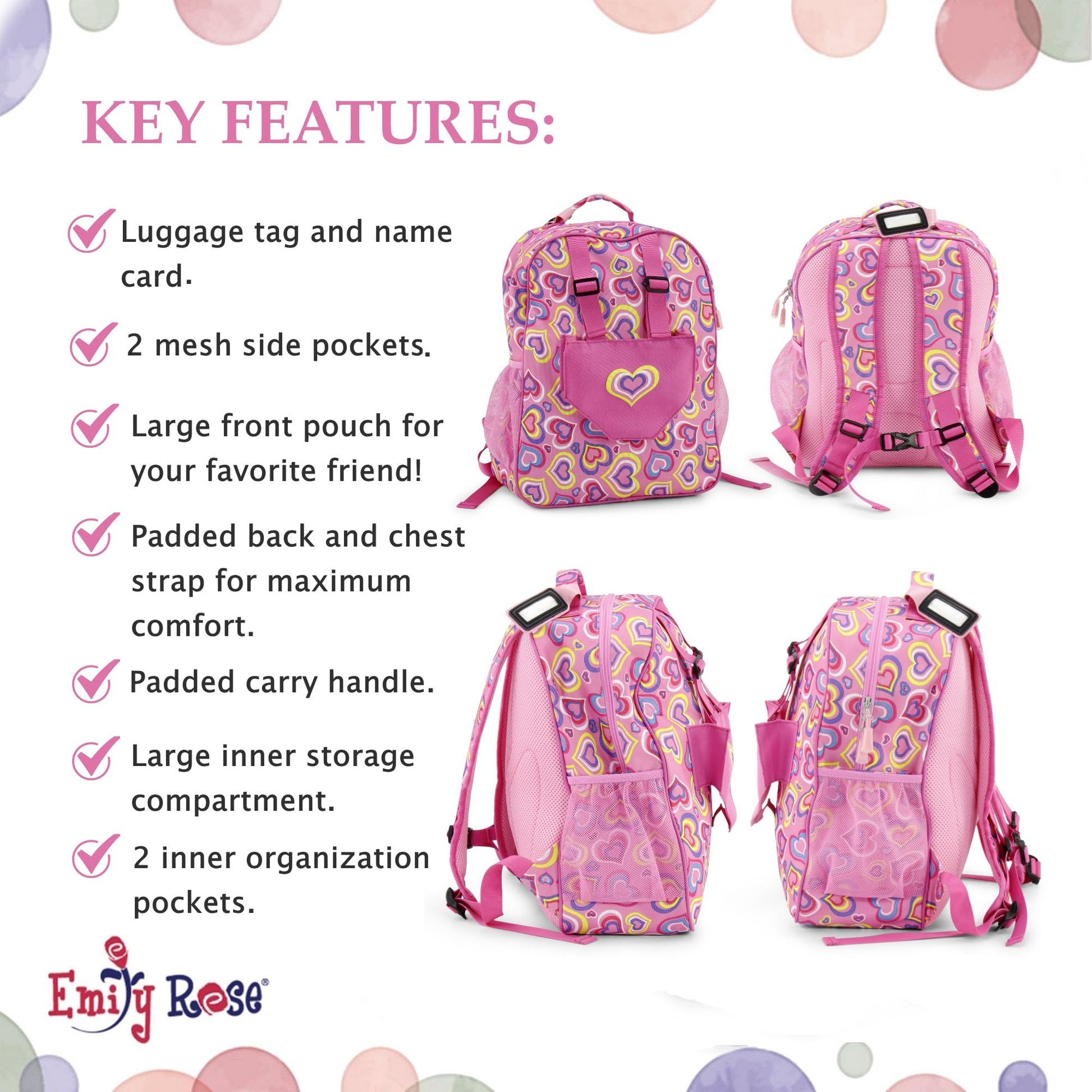 Emily Rose Kids Daypack Overnight Backpack 18-inch Doll Travel Carrier Includes Carry Pouch for Baby Dolls/Stuffed Animals | Little Girls Back Pack