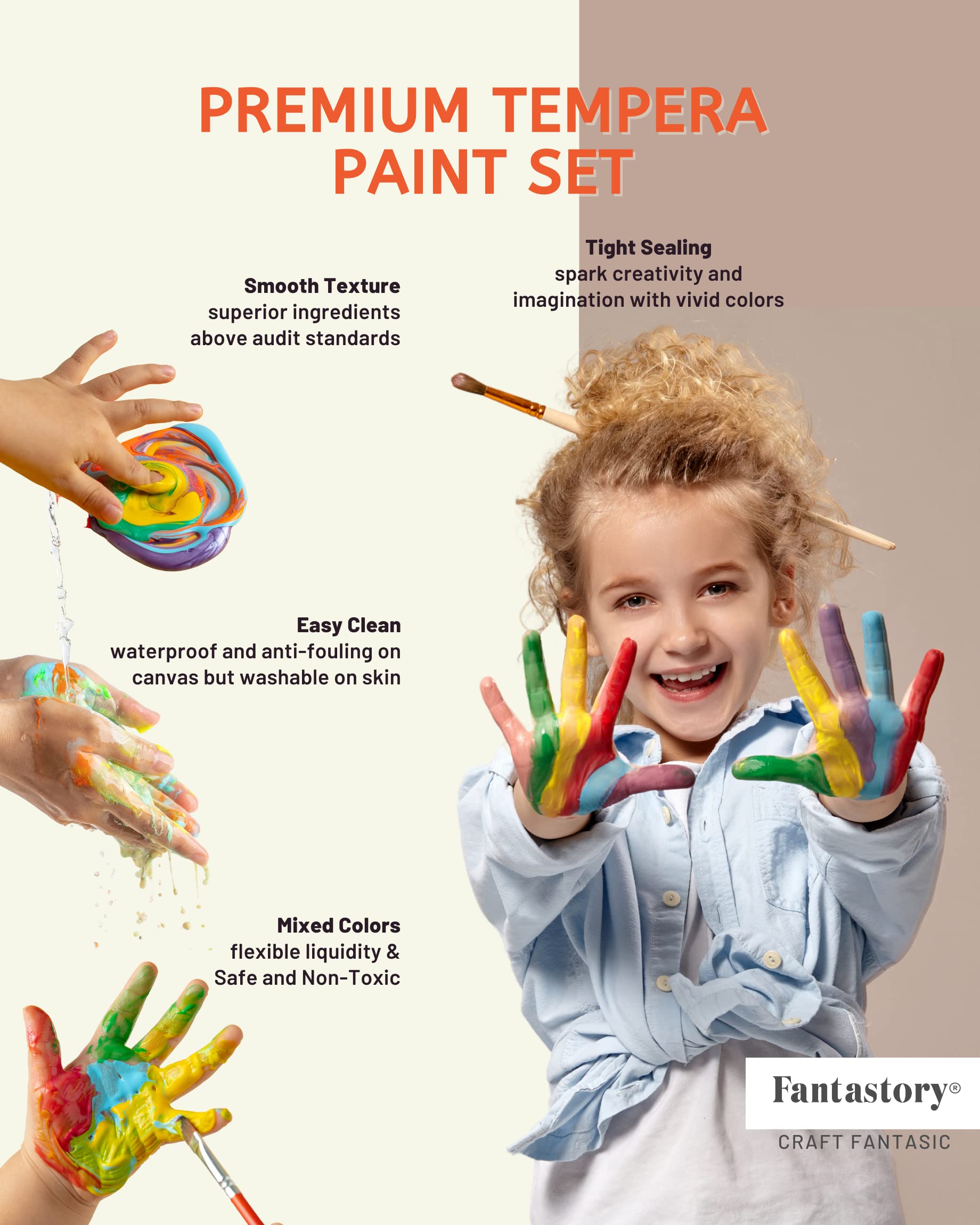 Fantastory Tempera Paint for Kids 12 Colors (8.4 oz Each) Washable Tempera Paint, Kids Poster Sponge Painting, Non-Toxic Finger Hand Bottles Gifts