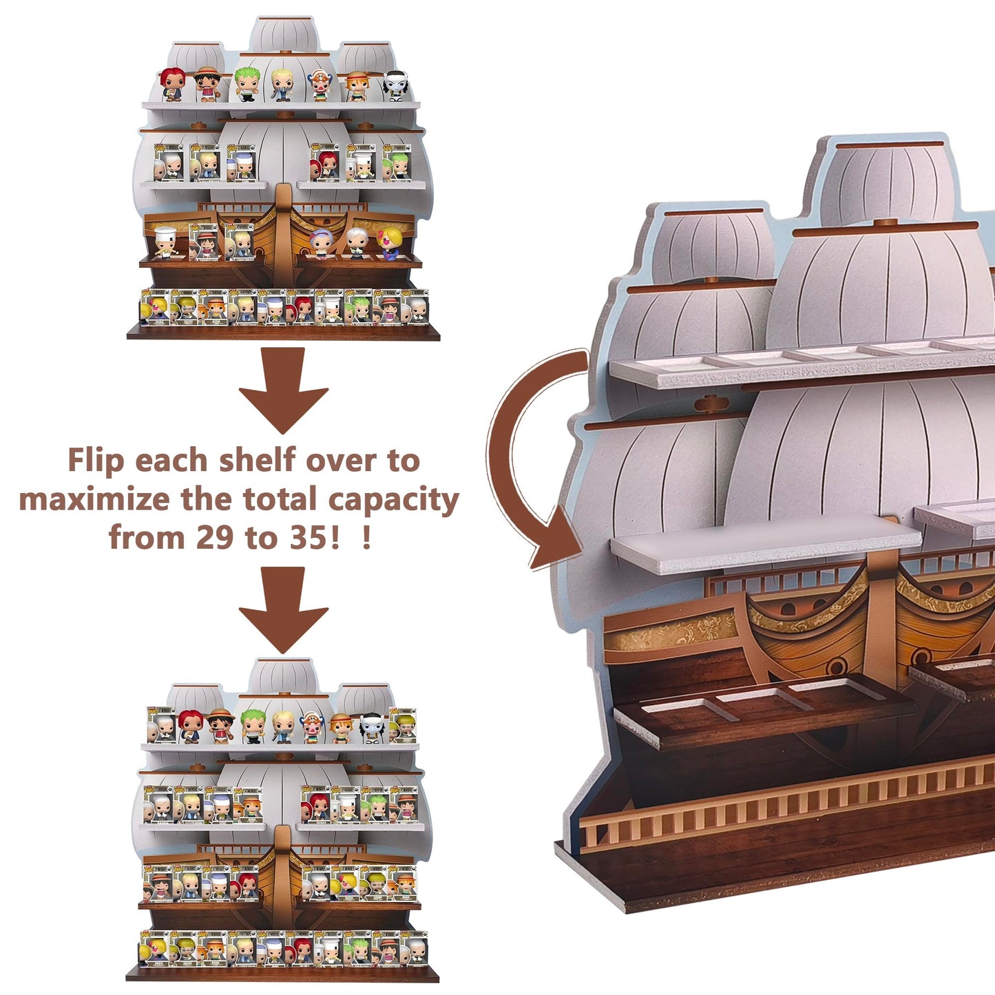 AUFGELD Pirate Ship Display Shelf for Funko Bitty Pop One Piece Series - Wall-Mountable Bitty Pop Organizer, Pirate Ship Shelf Displays 29 Bitty Pops