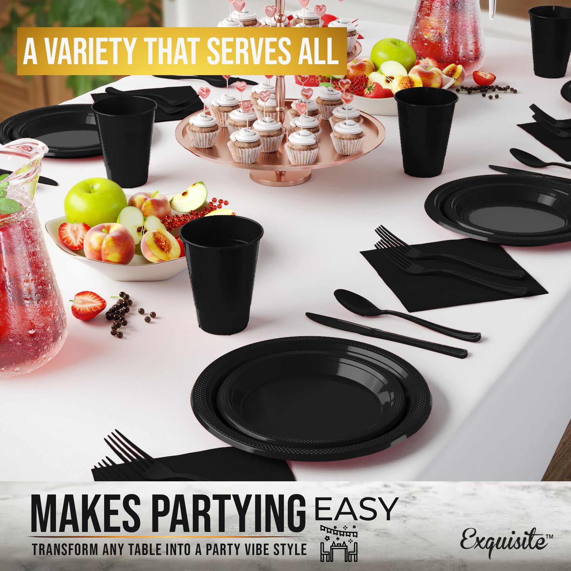 350 Pcs Black Plastic Plates For Party, Black Disposable Plates Set, 50 Of Each 9" Dinner Plate Set, 7" Dessert Plate, Cups, Napkins & Cutlery Plastic