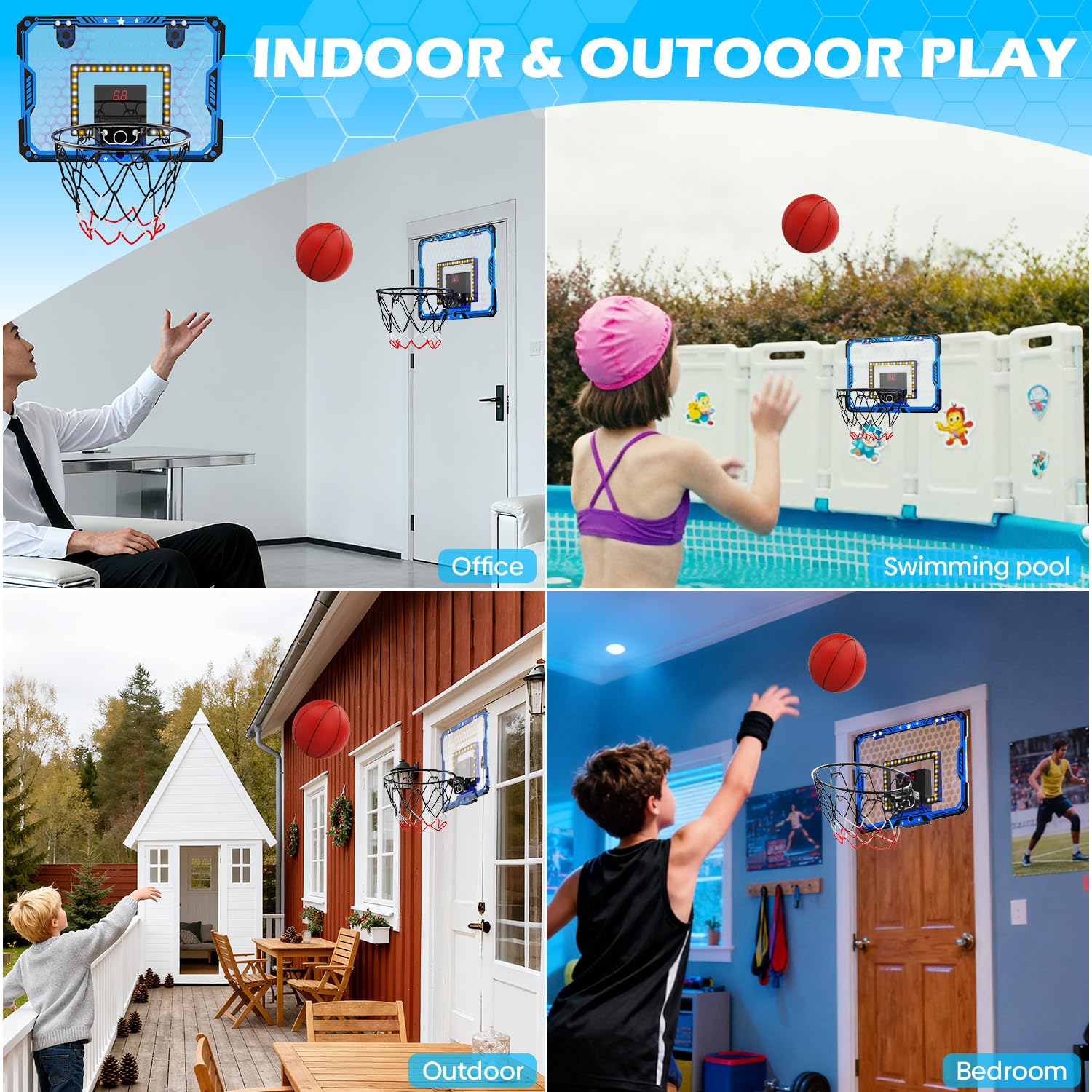 Indoor Basketball Hoop for Kids, Over the Door Mini Basketball Hoop Set with LED Lights, Scoreboard, 4 Balls & Sound Effects - Indoor Toys Gift