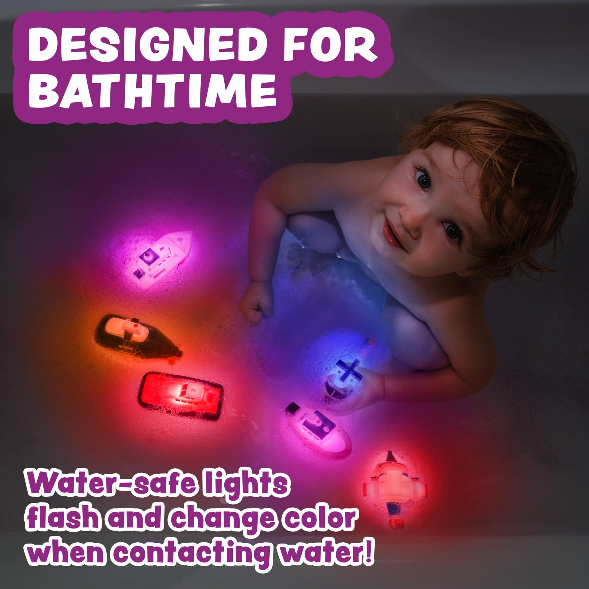 Tub Works® Ocean Rescue™ Vehicles Light Up Bath Toys, 6 Pack | Water-Activated Light Up Toys Flash & Change Color | Easy-Grip Baby & Toddler Bath Toys
