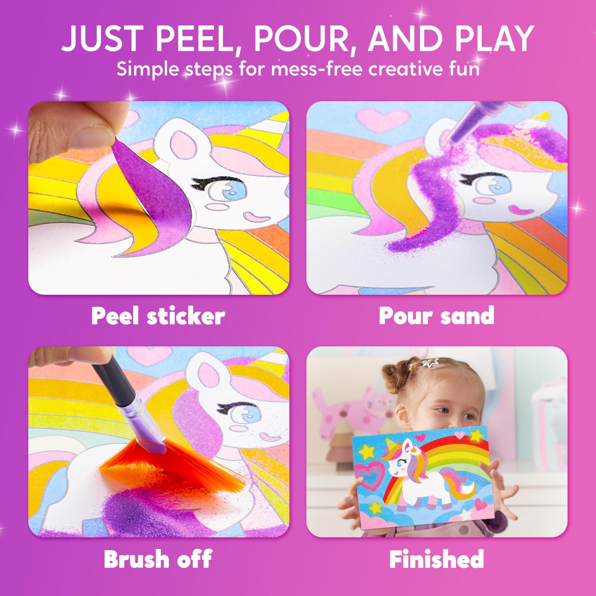 JOVA Klever Kits Glow Sand Art Kits for Kids, Glow in The Dark Sand Painting with 14 Colors, Kids Crafts, 6 Fantasy Templates & 4 DIY Sheets, Mess