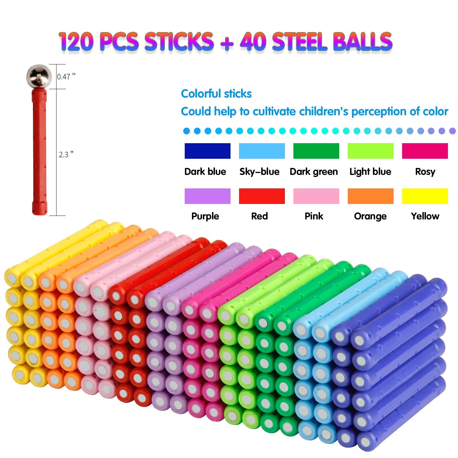 MONILON 160 Pcs Magnet Building Sticks Kids Toys, Lengthen Magnetic Construction Building Blocks Set 3D Brain Training Learning Educational DIY STEM