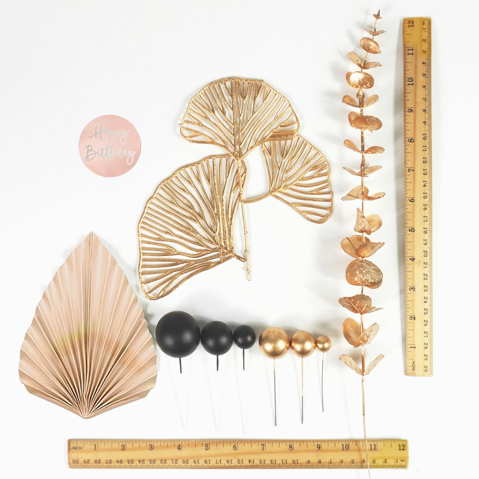 Boho Cake Topper Happy Birthday Cake Decorations with Balls Eucalyptus for Wedding Birthday Supplies (Black)