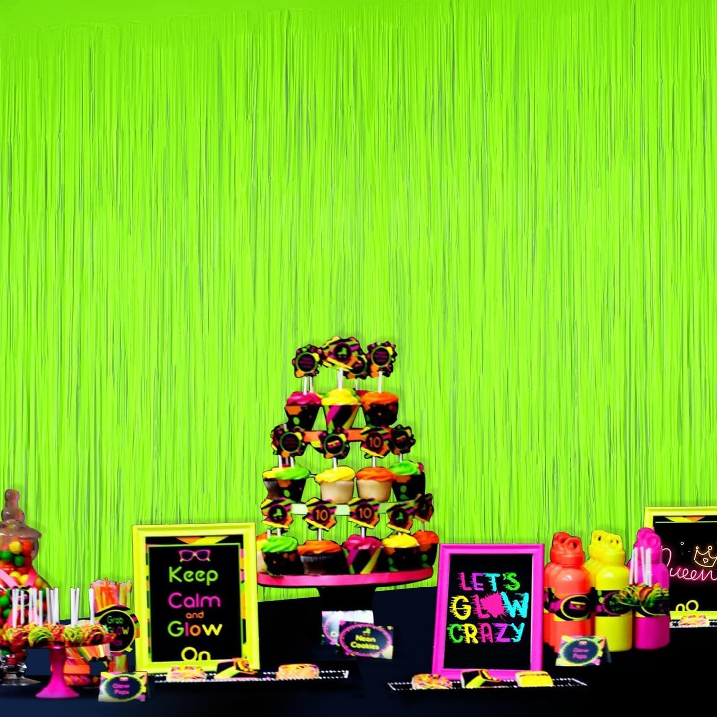 Mega-L Glow in The Dark Party Supplies, Neon Party Decorations, 2 Pack 6.6x6.6 ft Fluorescent Green Foil Fringe Curtains, Glow Photo Backdrop