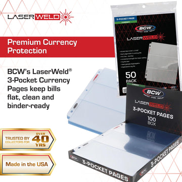 BCW LaserWeld 3-Pocket Currency Page - 50 Pack | Archival Polypropylene | Top-Loading, Acid-Free, Clear Binder Sleeves | Ideal for Dollar Bill